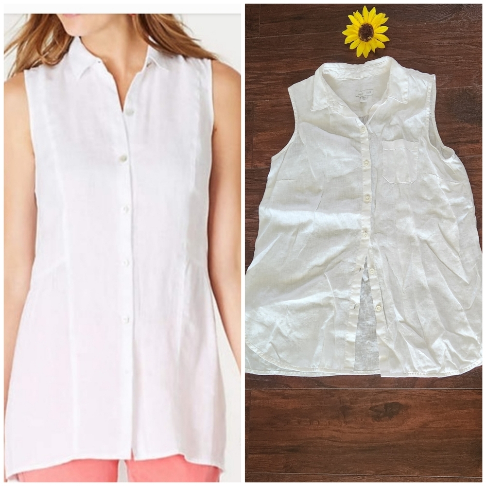 J.jill 100% Linen Sleeveless White Button-Down Tunic Top